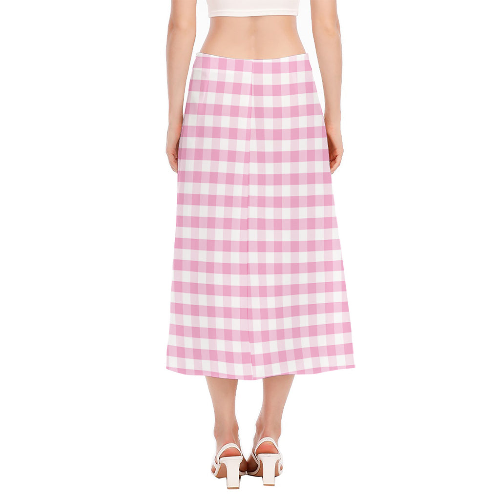 Pink And White Gingham Pattern Print Side Slit Midi Skirt