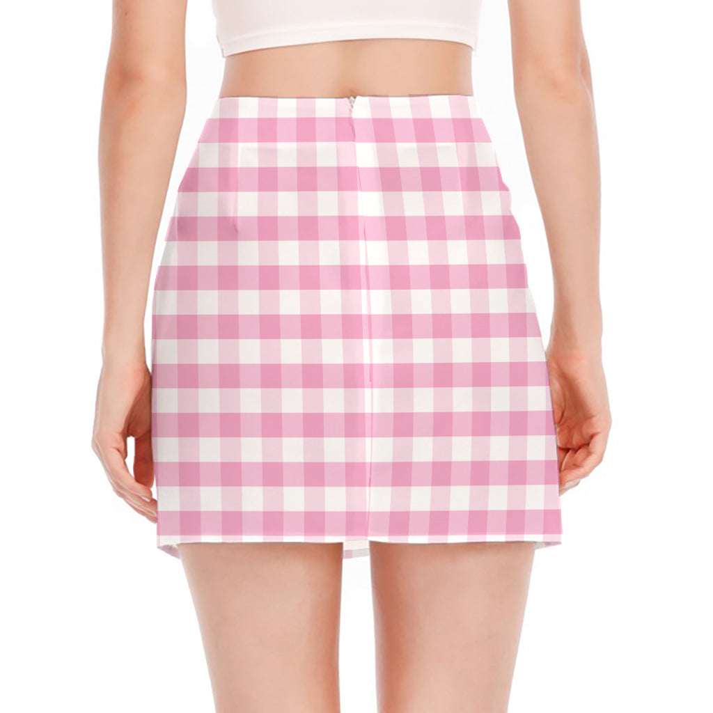Pink And White Gingham Pattern Print Side Slit Mini Skirt