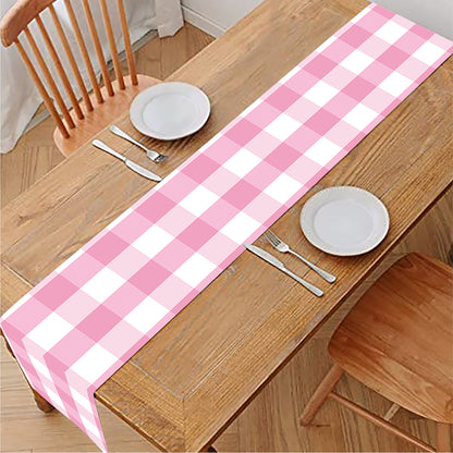 Pink And White Gingham Pattern Print Table Runner