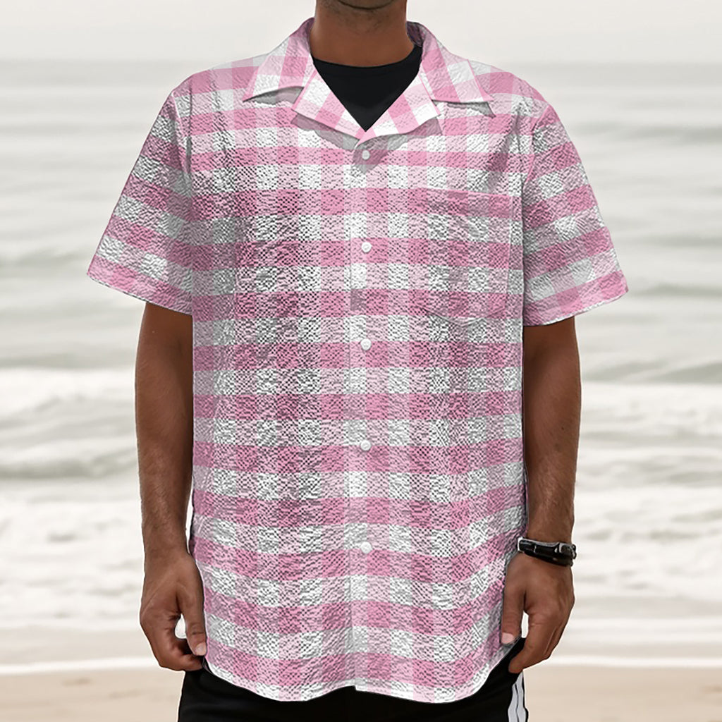 Pink And White Gingham Pattern Print Textured Short Sleeve Shirt