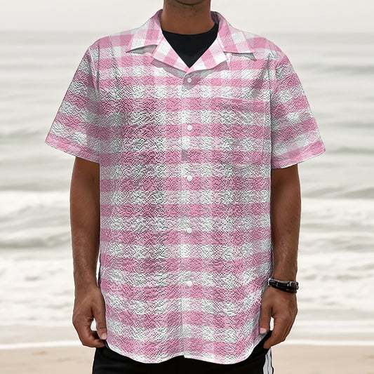 Pink And White Gingham Pattern Print Textured Short Sleeve Shirt