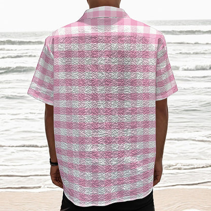 Pink And White Gingham Pattern Print Textured Short Sleeve Shirt