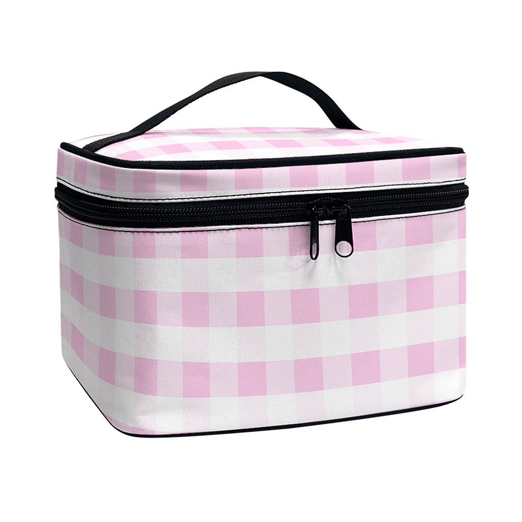 Pink And White Gingham Pattern Print Travel Makeup Bag