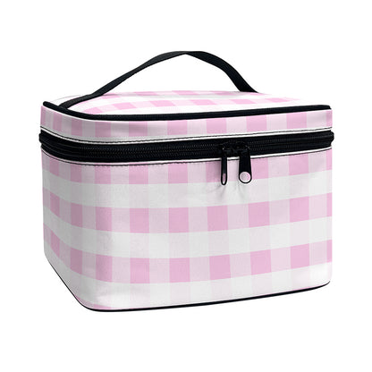 Pink And White Gingham Pattern Print Travel Makeup Bag