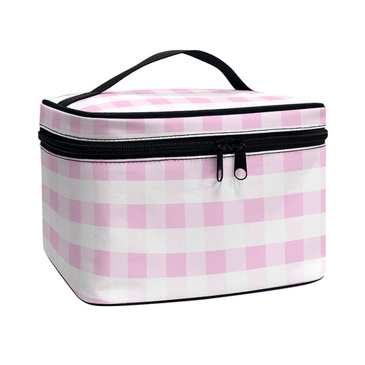 Pink And White Gingham Pattern Print Travel Makeup Bag