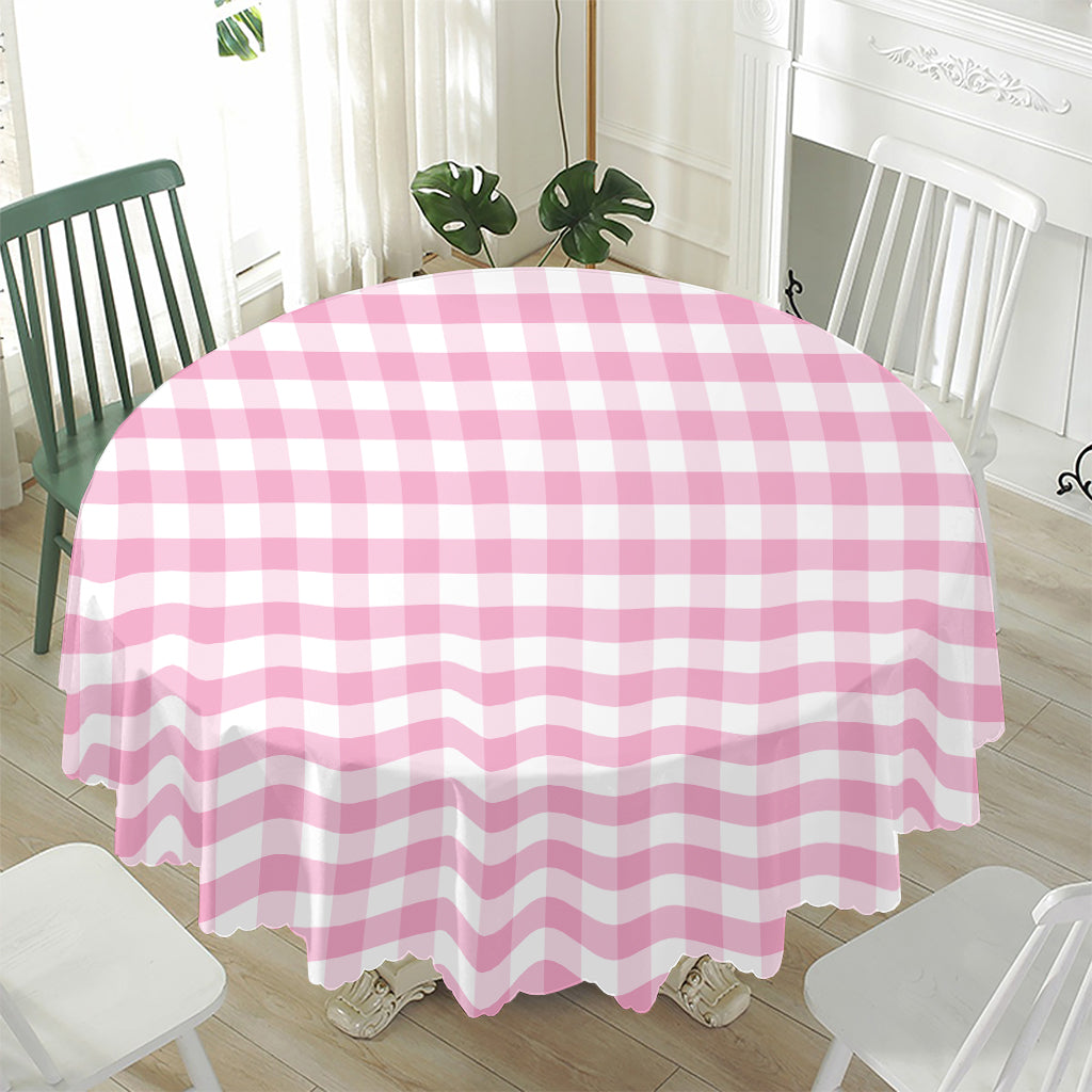 Pink And White Gingham Pattern Print Waterproof Round Tablecloth