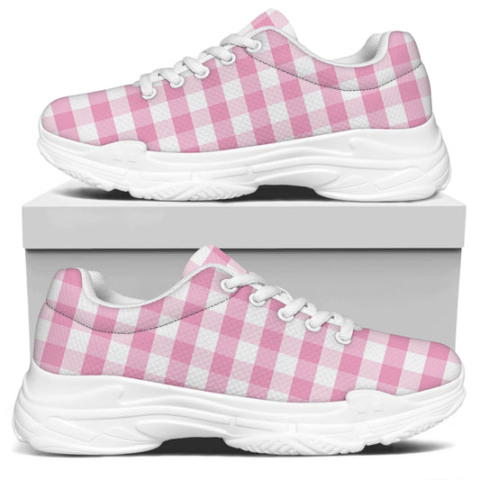 Pink And White Gingham Pattern Print White Chunky Shoes