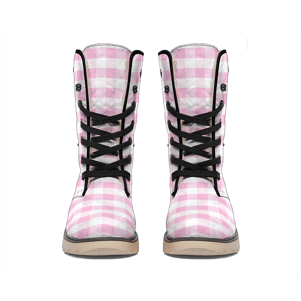 Pink And White Gingham Pattern Print Winter Boots