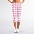 Pink And White Gingham Pattern Print Women's Capri Leggings