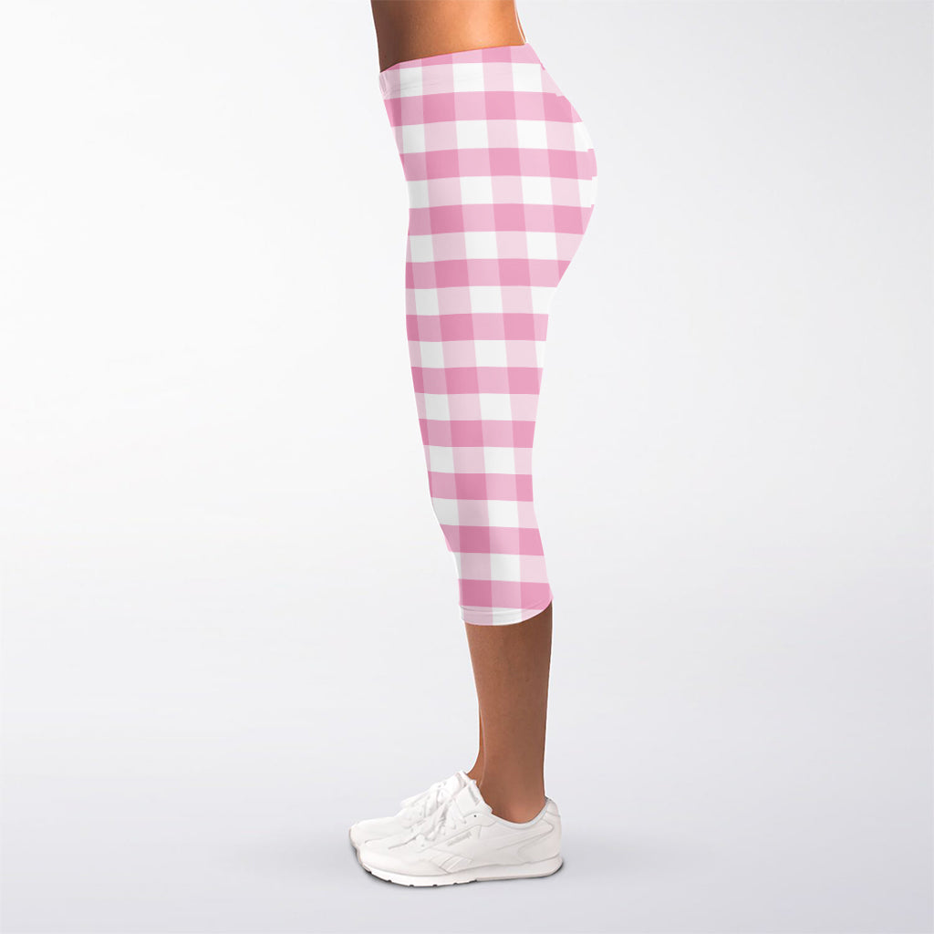 Pink And White Gingham Pattern Print Women's Capri Leggings
