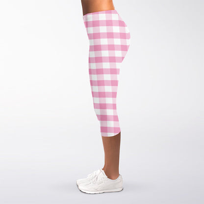 Pink And White Gingham Pattern Print Women's Capri Leggings