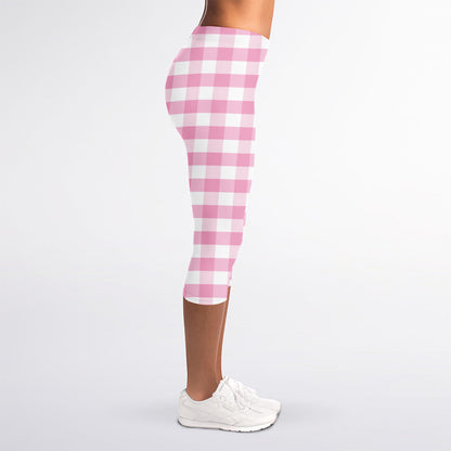 Pink And White Gingham Pattern Print Women's Capri Leggings