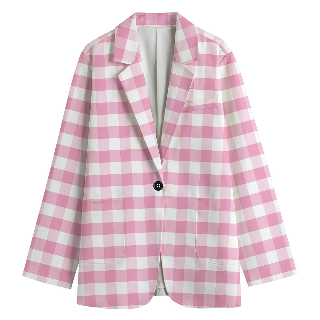 Pink And White Gingham Pattern Print Women's Cotton Blazer