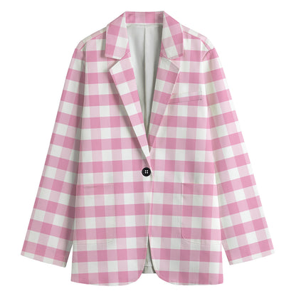 Pink And White Gingham Pattern Print Women's Cotton Blazer