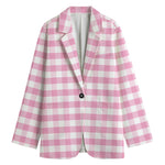 Pink And White Gingham Pattern Print Women's Cotton Blazer