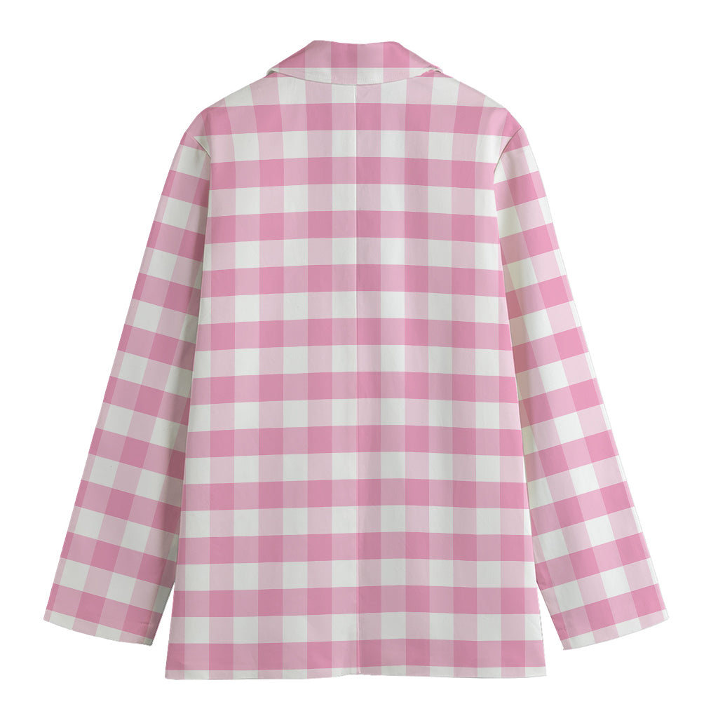 Pink And White Gingham Pattern Print Women's Cotton Blazer