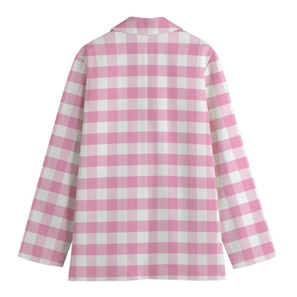 Pink And White Gingham Pattern Print Women's Cotton Blazer