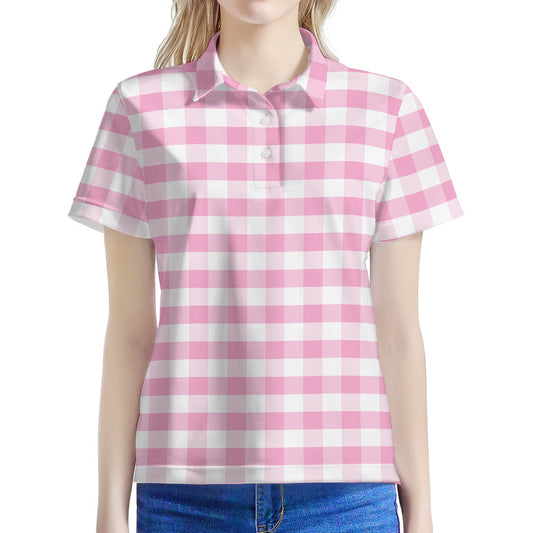 Pink And White Gingham Pattern Print Women's Polo Shirt