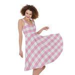 Pink And White Gingham Pattern Print Women's Sleeveless Dress