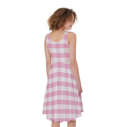 Pink And White Gingham Pattern Print Women's Sleeveless Dress