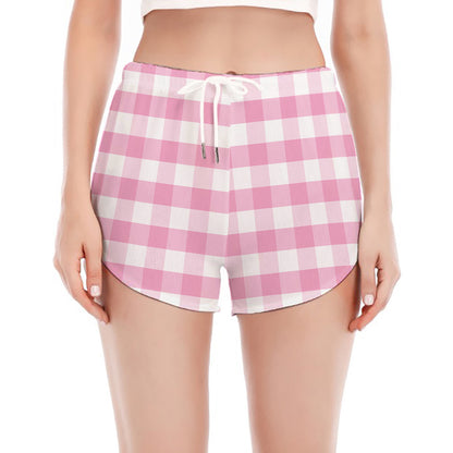 Pink And White Gingham Pattern Print Women's Split Running Shorts