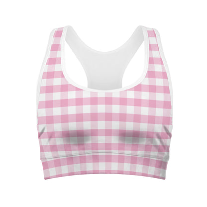 Pink And White Gingham Pattern Print Women's Sports Bra
