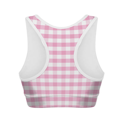 Pink And White Gingham Pattern Print Women's Sports Bra