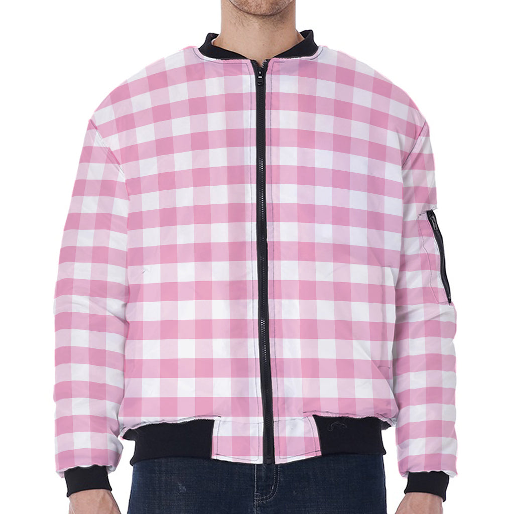 Pink And White Gingham Pattern Print Zip Sleeve Bomber Jacket