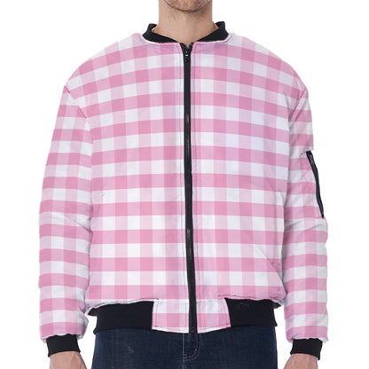 Pink And White Gingham Pattern Print Zip Sleeve Bomber Jacket