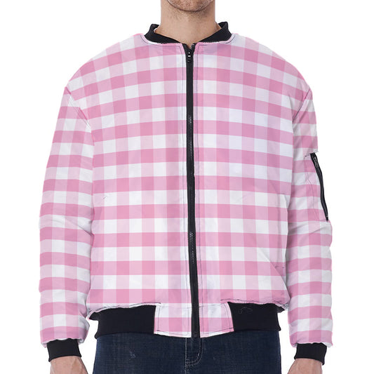 Pink And White Gingham Pattern Print Zip Sleeve Bomber Jacket