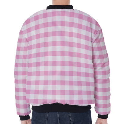 Pink And White Gingham Pattern Print Zip Sleeve Bomber Jacket