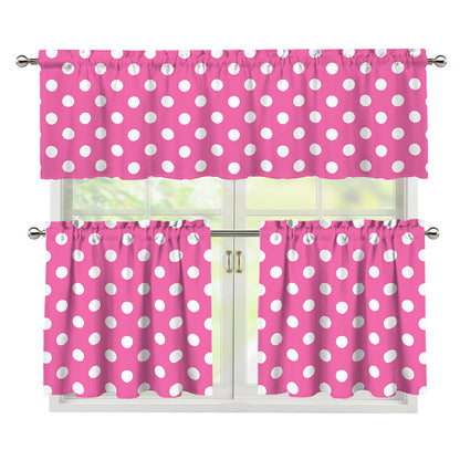 Pink And White Polka Dot Pattern Print 3 Piece Kitchen Curtains