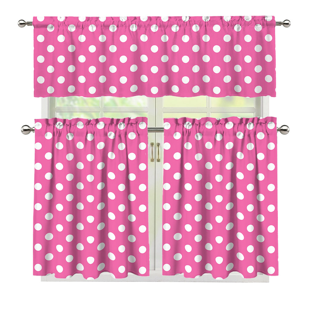 Pink And White Polka Dot Pattern Print 3 Piece Kitchen Curtains