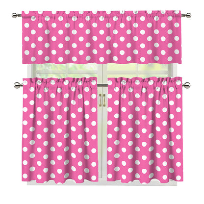 Pink And White Polka Dot Pattern Print 3 Piece Kitchen Curtains