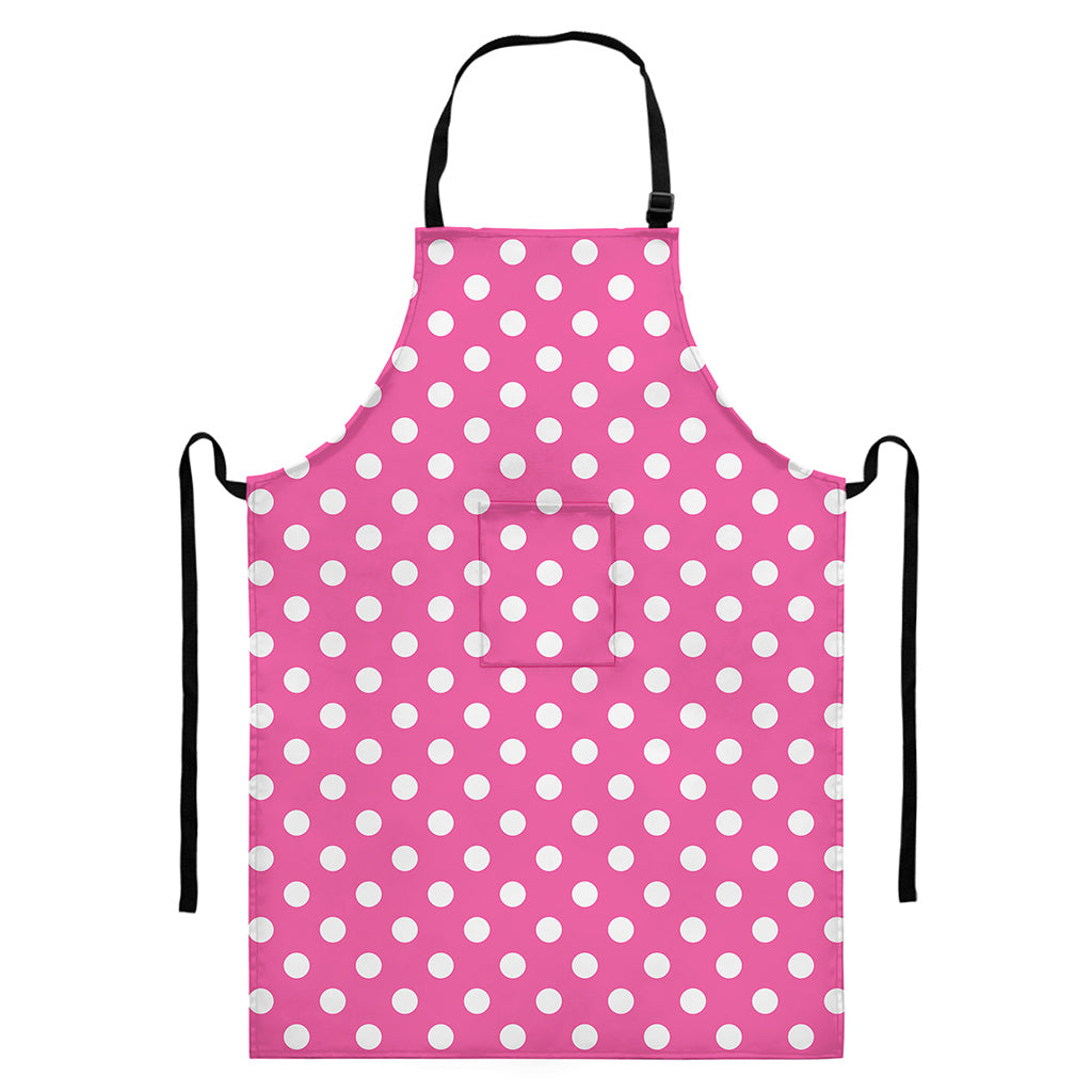 Pink And White Polka Dot Pattern Print Bib Apron With Pocket