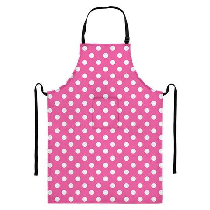 Pink And White Polka Dot Pattern Print Bib Apron With Pocket