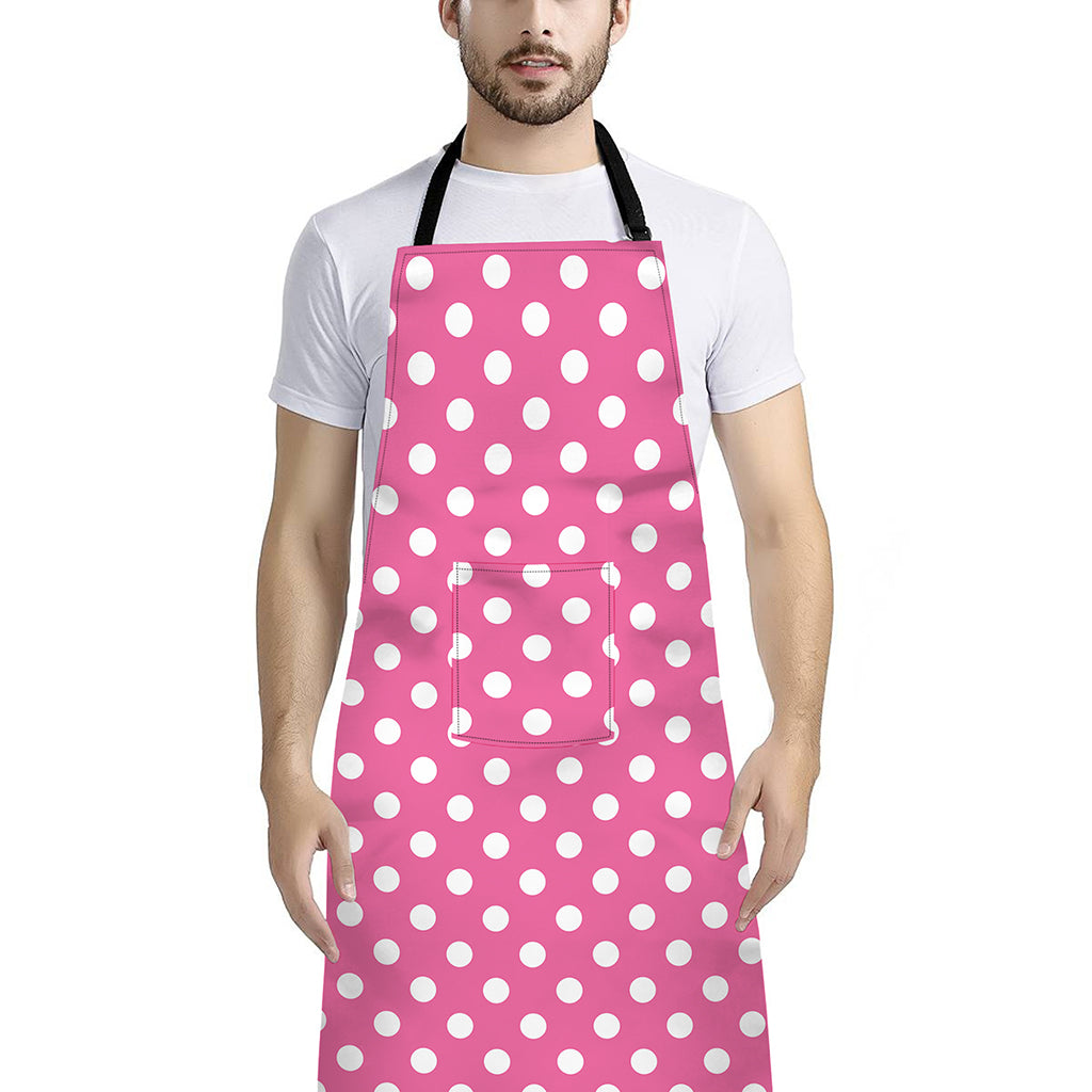 Pink And White Polka Dot Pattern Print Bib Apron With Pocket