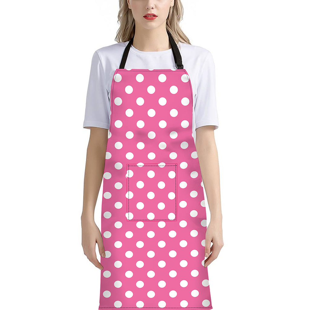 Pink And White Polka Dot Pattern Print Bib Apron With Pocket