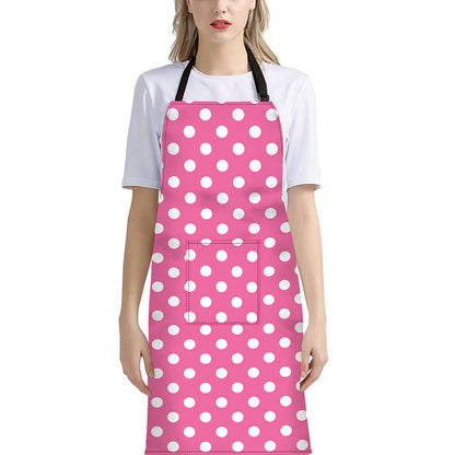 Pink And White Polka Dot Pattern Print Bib Apron With Pocket