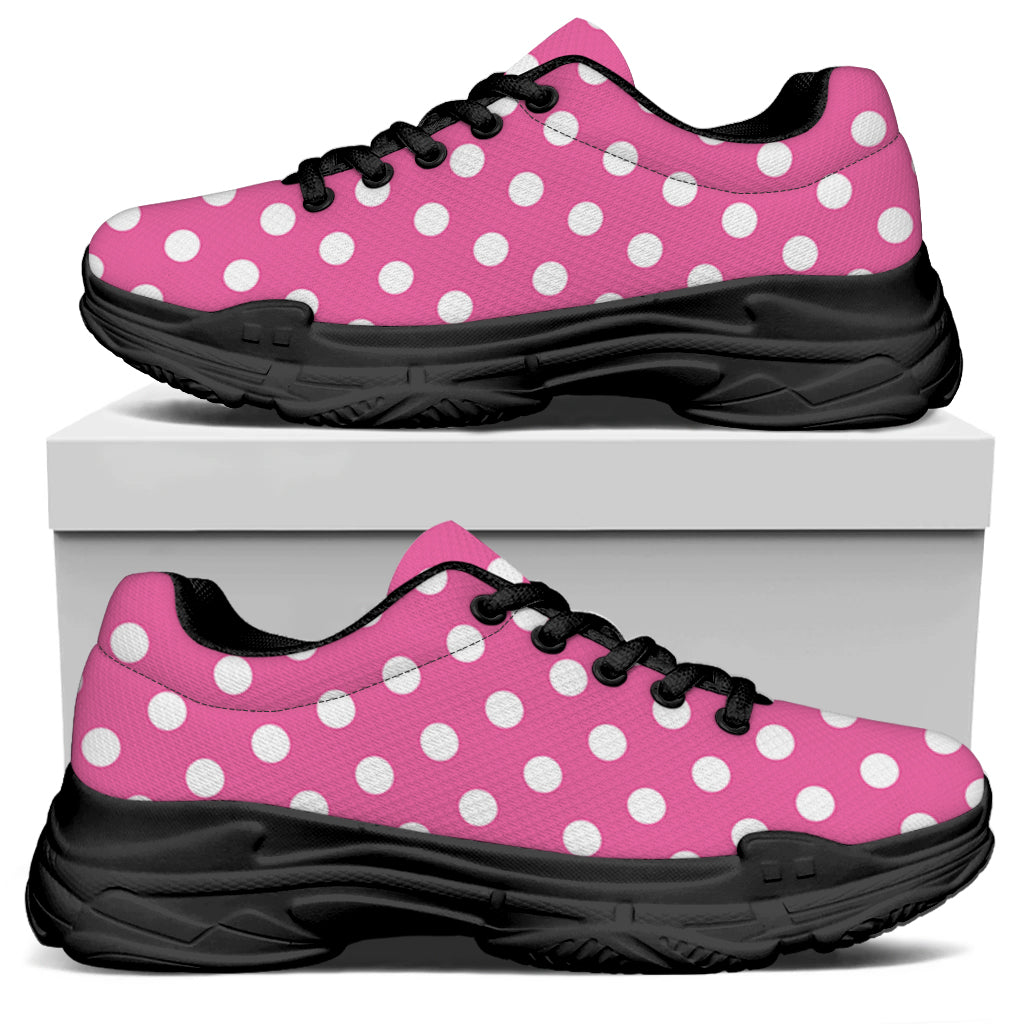 Pink And White Polka Dot Pattern Print Black Chunky Shoes