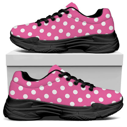 Pink And White Polka Dot Pattern Print Black Chunky Shoes