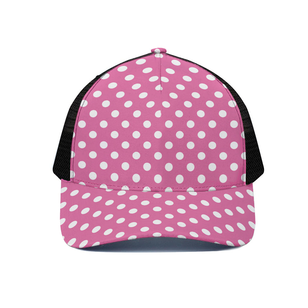 Pink And White Polka Dot Pattern Print Black Mesh Trucker Cap