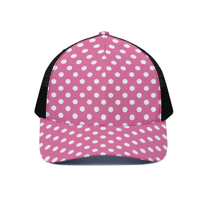 Pink And White Polka Dot Pattern Print Black Mesh Trucker Cap
