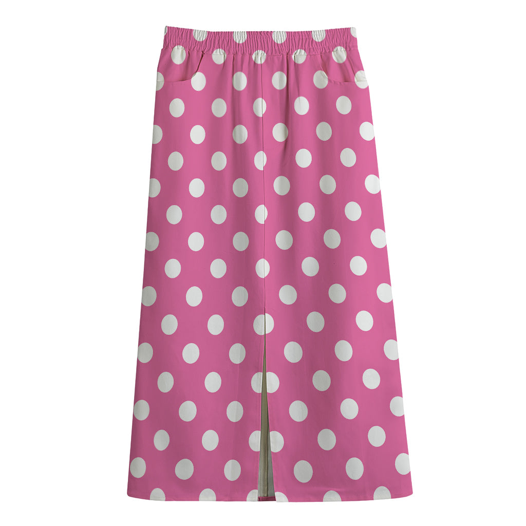 Pink And White Polka Dot Pattern Print Cotton Front Slit Maxi Skirt