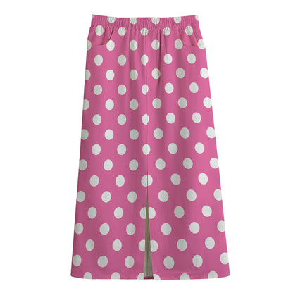 Pink And White Polka Dot Pattern Print Cotton Front Slit Maxi Skirt