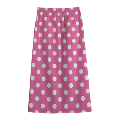 Pink And White Polka Dot Pattern Print Cotton Front Slit Maxi Skirt