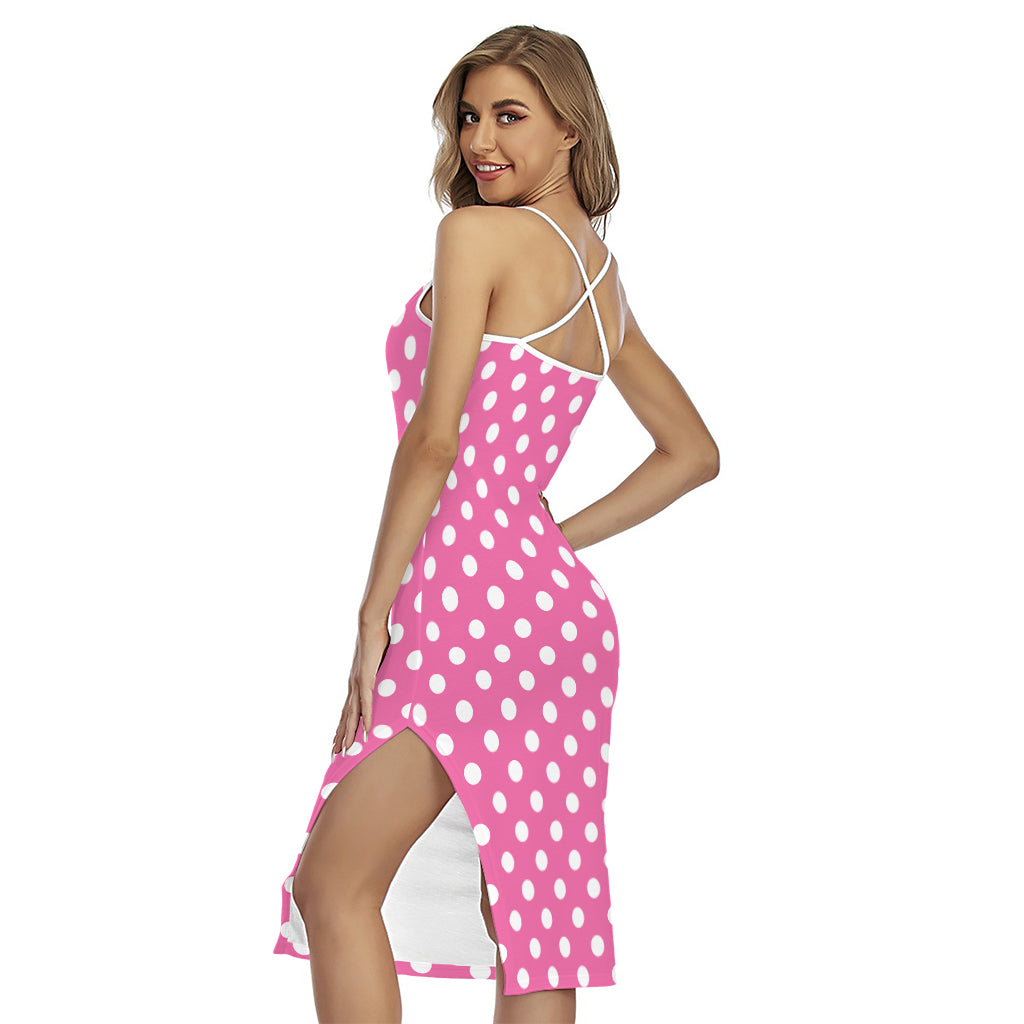 Pink And White Polka Dot Pattern Print Cross Back Cami Dress