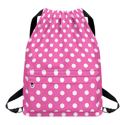 Pink And White Polka Dot Pattern Print Drawstring Backpack