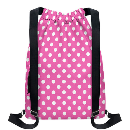 Pink And White Polka Dot Pattern Print Drawstring Backpack