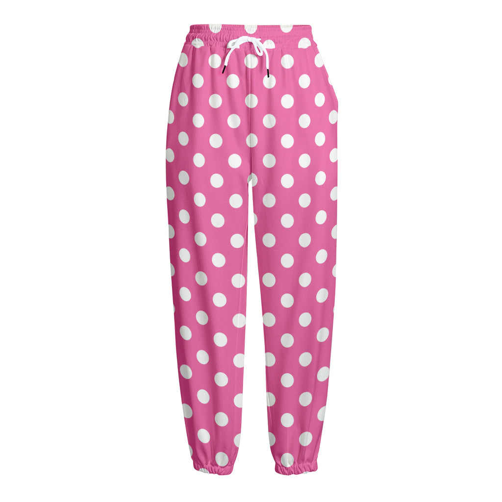 Pink And White Polka Dot Pattern Print Fleece Lined Knit Pants